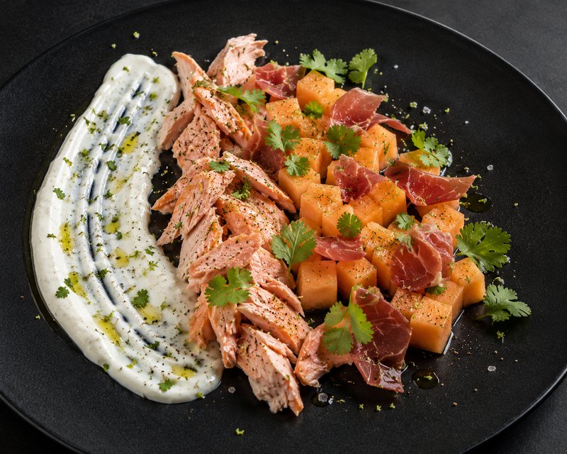 Warm pulled salmon · cantaloupe · Serrano ham · lime yoghurt