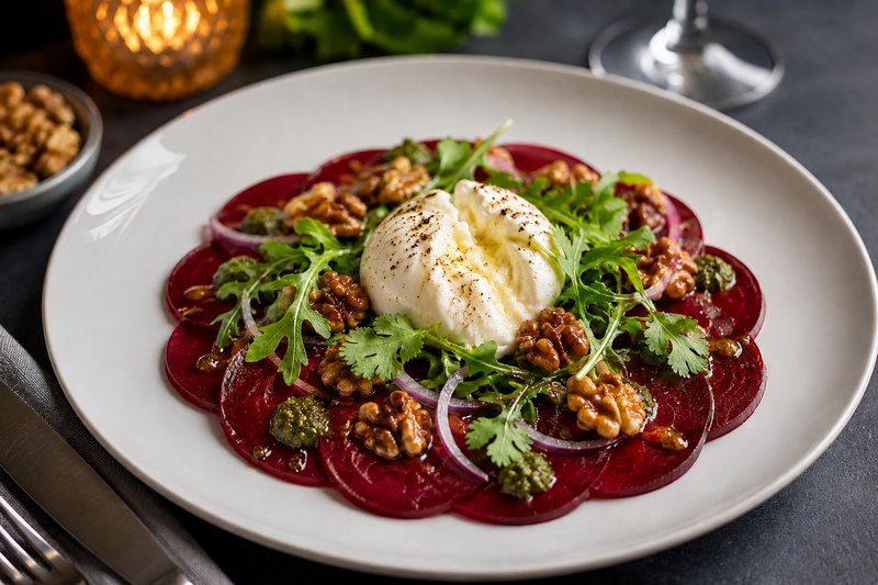 Beetroot · burrata · caramelised white-wine walnuts · green pesto