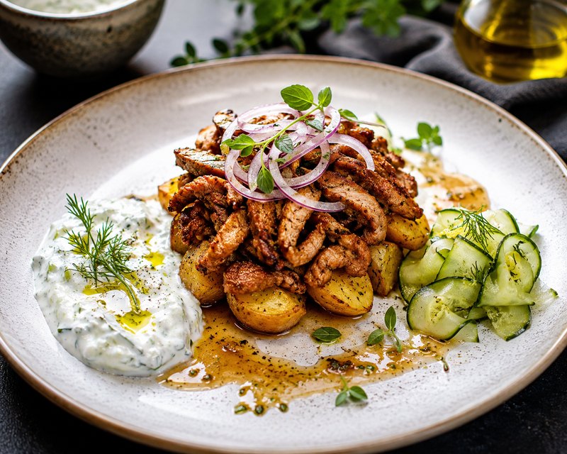 Pork fillet · lime and herb jus · tzatziki · crisp roast potatoes