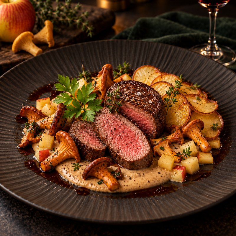 Beef fillet · chanterelle cream · apple · crisp potatoes