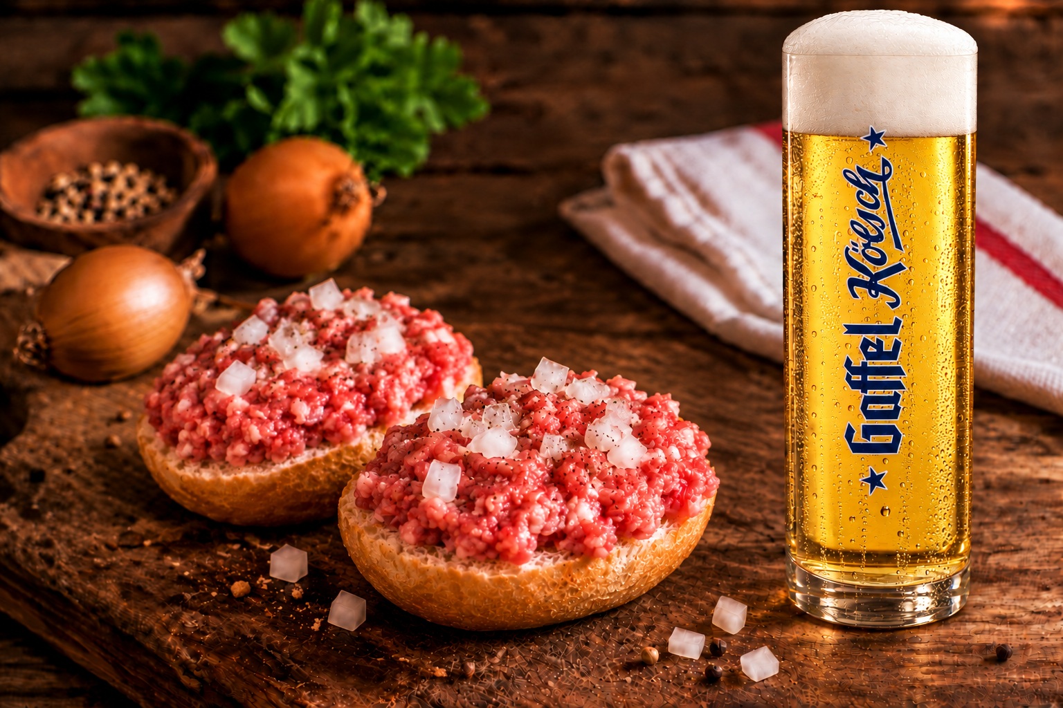 Cologne-style seasoned raw pork · fresh bread roll · onions