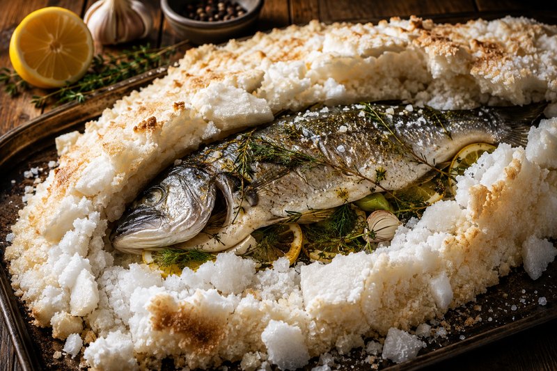 Sea bass · salt crust · herbs · fennel · lemon