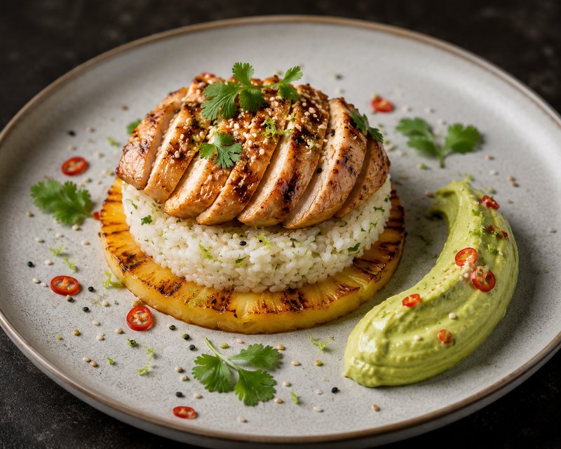 Glazed chicken · lemongrass rice · roasted pineapple · chilli-avocado cream
