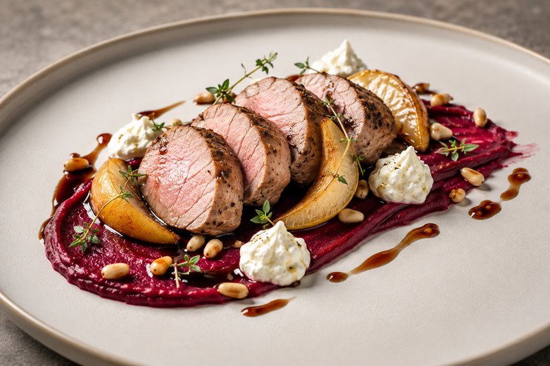 Pork fillet · beetroot cream · caramelised pear · feta · balsamic jus