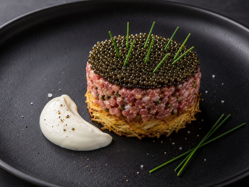 Beef tartare · crisp rösti · lemon crème fraîche · caviar