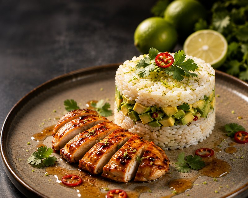 Glazed chicken · lime rice · avocado · honey-lime jus