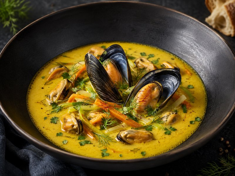 Mussel soup · saffron · white wine · pastis