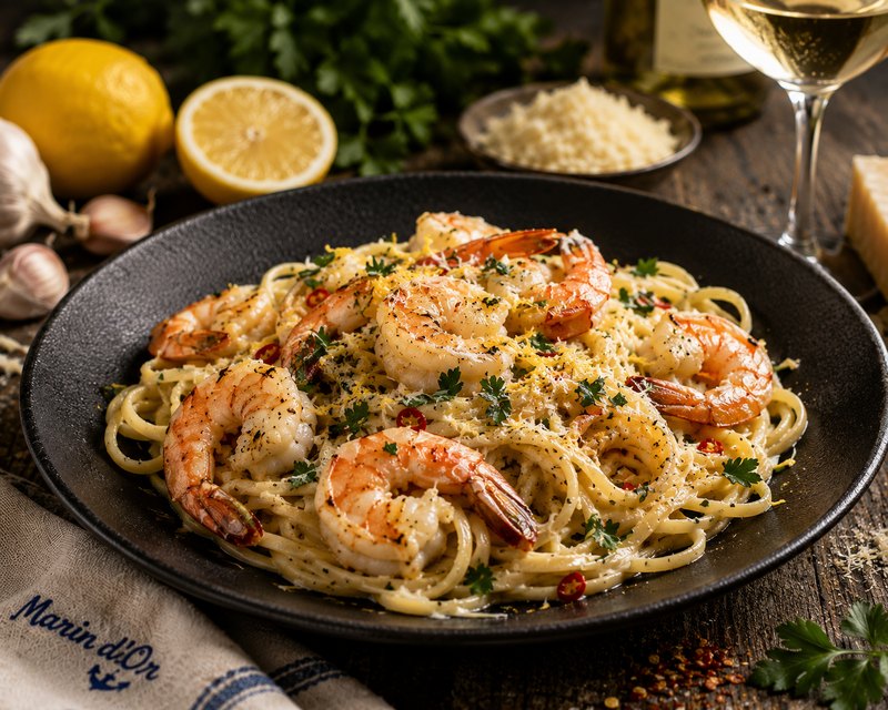 Linguine · prawns · garlic · Parmesan · white wine