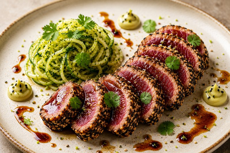 Tuna · cucumber spaghetti · soy glaze · wasabi mayonnaise