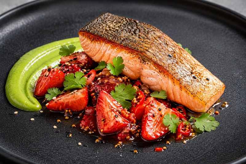 Salmon · spiced strawberries · pea and coriander cream