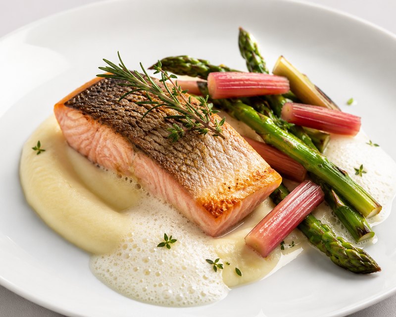 Salmon · parsnip purée · rhubarb · green asparagus · rosemary foam