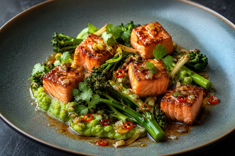 Crisp salmon cubes · sprouting broccoli · lime-soy butter