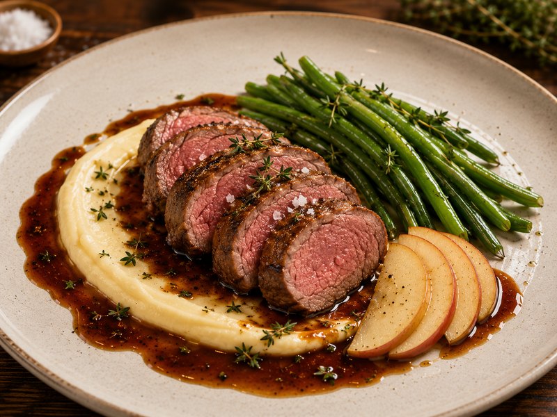 Lamb fillet · whisky-thyme jus · potato cream · green beans