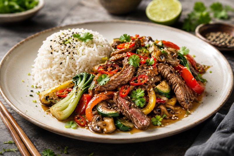 Spicy beef fillet · coconut and chilli · crisp vegetables · basmati rice