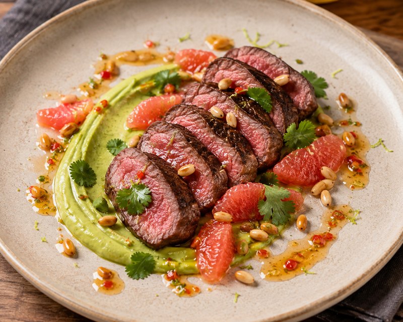 Beef fillet · avocado · grapefruit · chilli · pine nuts