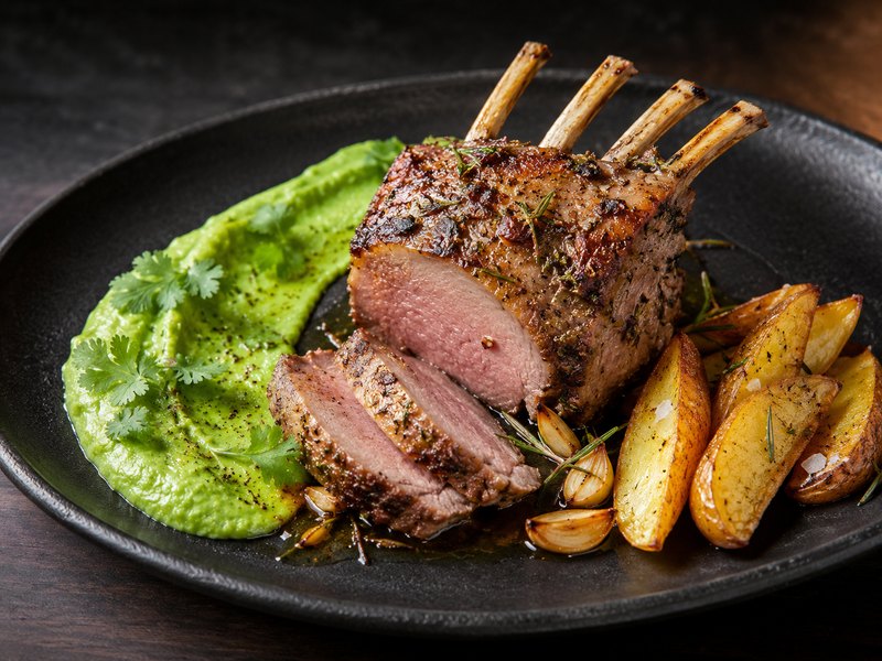 Ibérico pork rack · coriander-pea cream · potato wedges